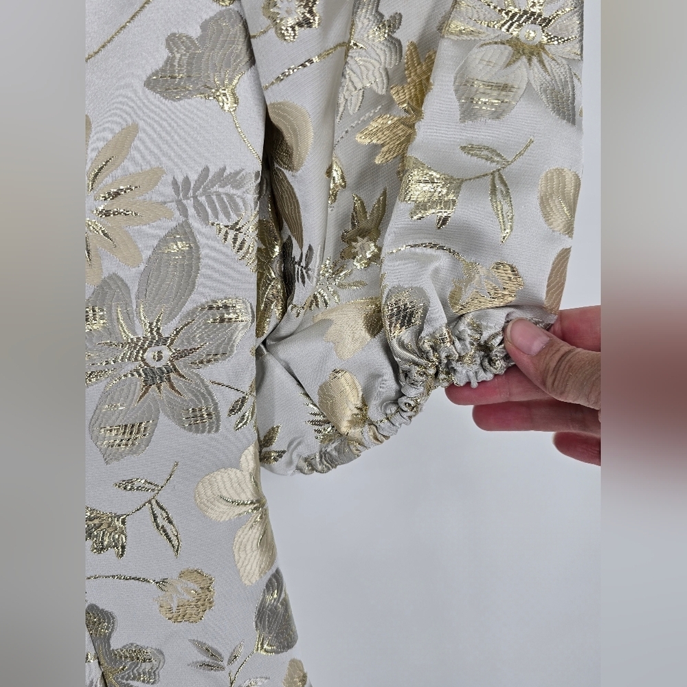 Mac Duggal White and Gold Floral Puff Sleeve Mini Dress - Picture 6 of 14